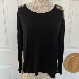 happening in the present long sleeve top black alphabet fabric back and elbows S